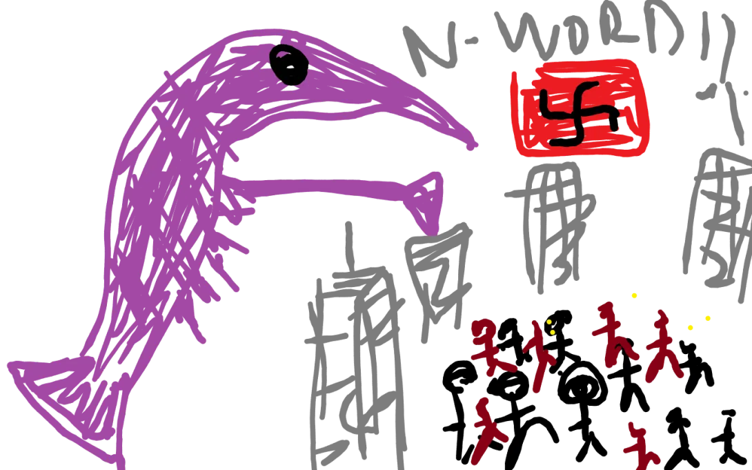 La gamba morada gigante saluda a la multitud como un fascista mientras les llama "nigga"